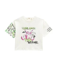 Koton Printed Short Sleeve Crew Neck - T-Shirt Print - Ecru